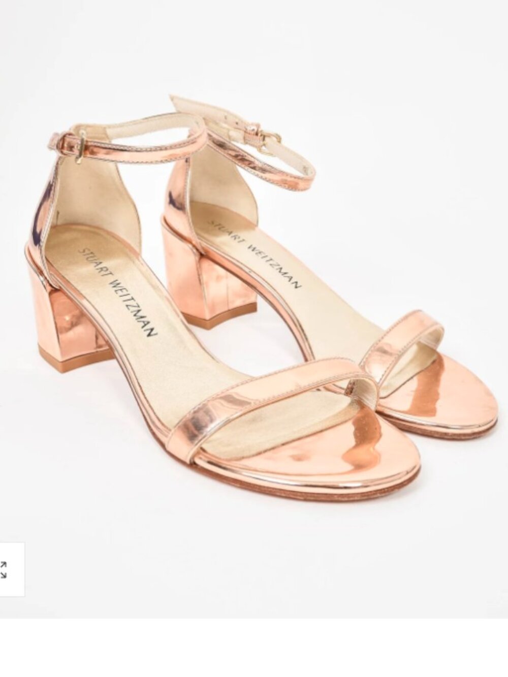 Stuart Weitzman Metallic Rose Gold Ankle-Strap Block Heels